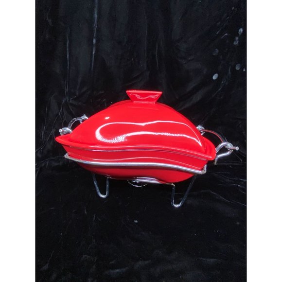 Siena by Godinger Red Ceramic Covered Chafing Dish w/Metal Warming Stand - Picture 3 of 13
